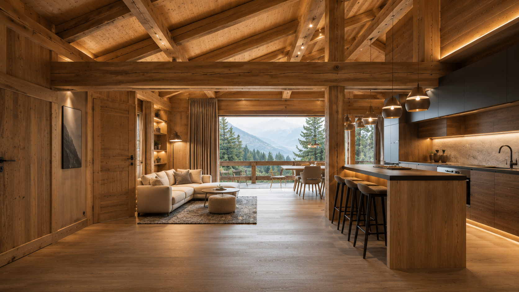 Intérieur rénové en Haute-Savoie : finitions soignées, menuiseries bois et lumière naturelle