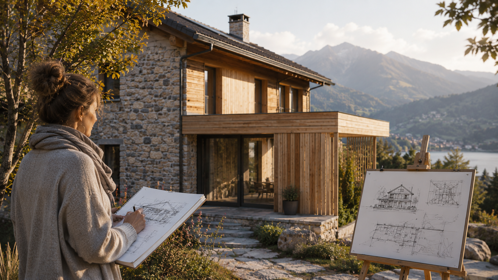 Bureau de dessinatrice en architecture : plans, esquisses et tablette devant une grande baie vitrée donnant sur un chalet en pierre et bois et le lac d'Annecy