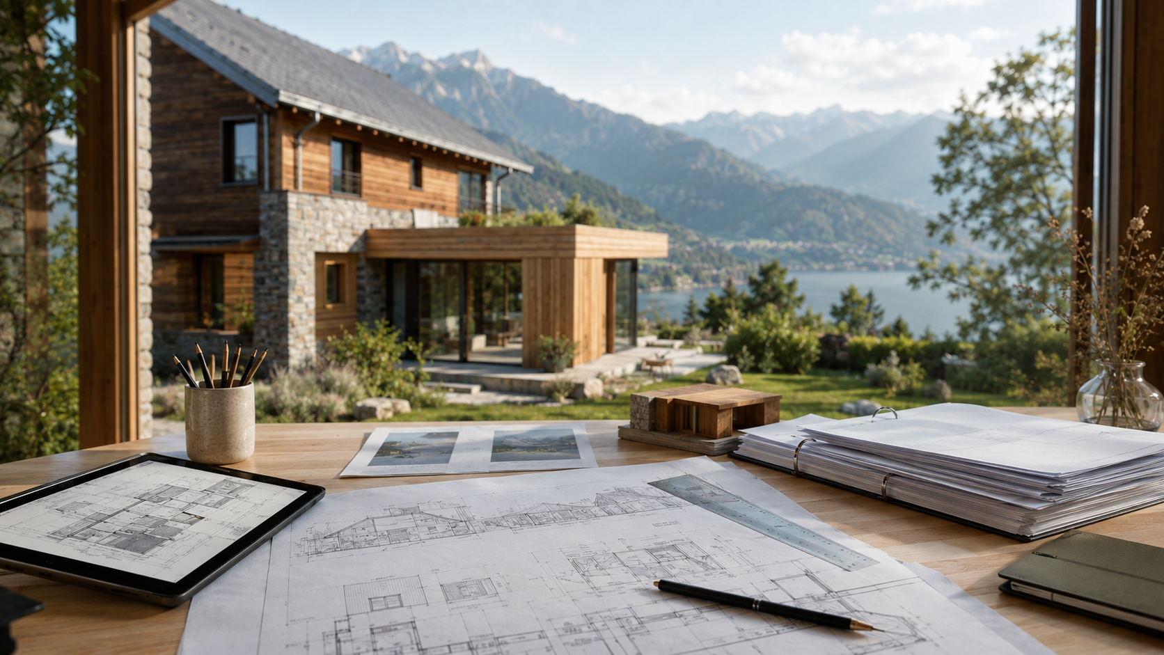 Dessinatrice en architecture esquissant une maison en pierre et bois devant un chalet contemporain dominant le lac d'Annecy, chevalet et carnet à la main